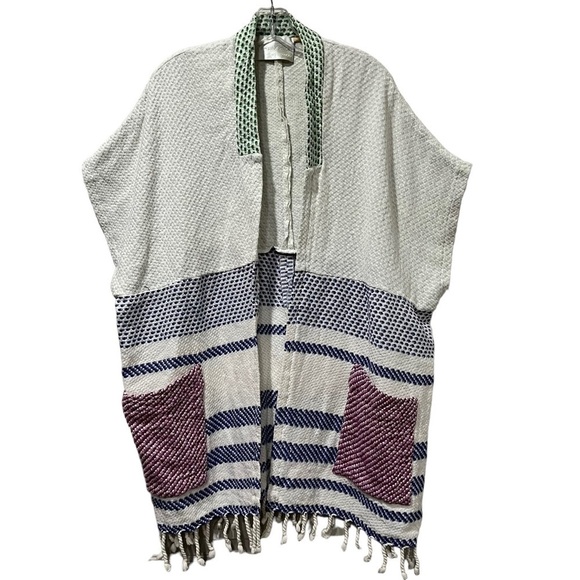 Staci Woo Small Oversized 100% Cotton Made in USA Waffle Knit Fringe Coverup R1 - Picture 1 of 4